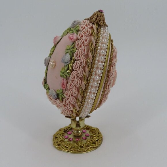 Vintage Handmade Embellished Real Egg Pink Painted Faux Flowers Pedestal Stand - Picture 8 of 16